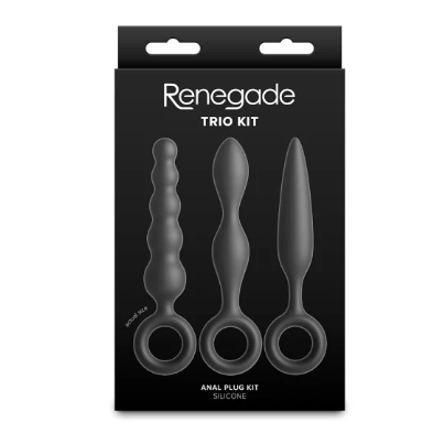 Packaging of Renegade Trio Kit with three silicone anal plugs on a black background