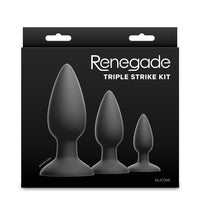 Renegade Triple Strike anal plug Kit packaging with three silicone butt plugs on a black background.