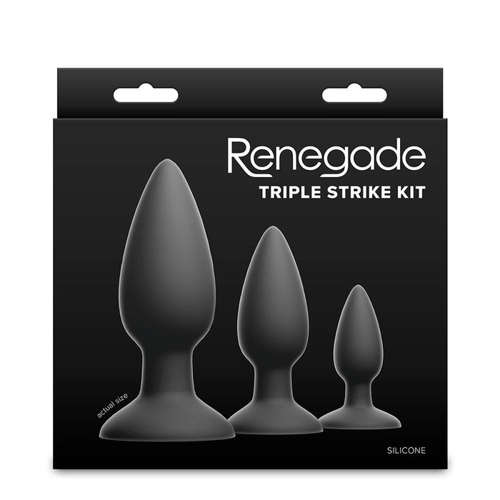 Renegade Triple Strike anal plug Kit packaging with three silicone butt plugs on a black background.