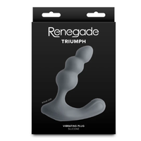 Black packaging of Renegade Triumph vibrating plug with gray silicone plug illustration.
