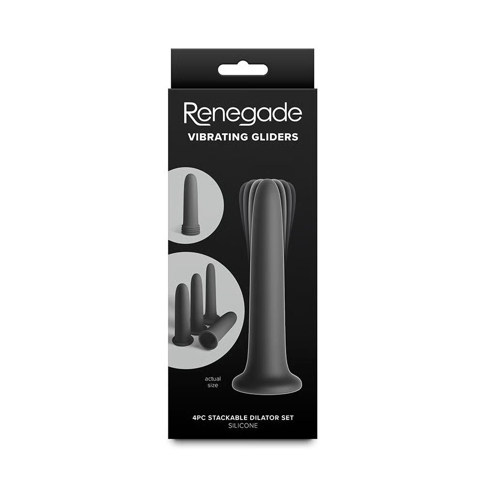 4pk of black vibrating gliders dilators on box packaging