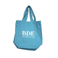 Blue tote bag with 'BDE big didlo energy' text on a white background