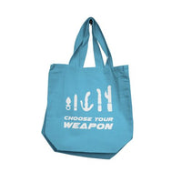 Blue tote bag with 'Choose Your Weapon' text and weapon icons on a white background