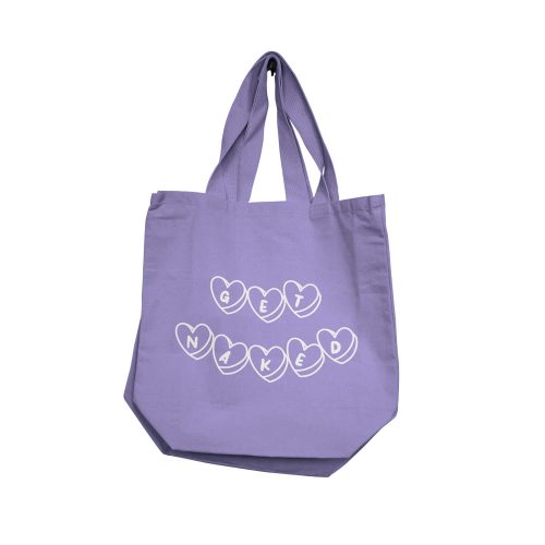 Purple tote bag with 'GET NAKED' text and heart shapes on a white background