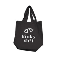Black tote bag with kinky shit with white text and design on a white background
