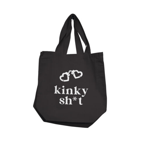 Black tote bag with kinky shit with white text and design on a white background