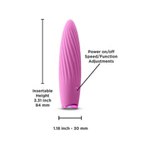 a pink vibrator with a pointed tip and twisted ridges along the shaft next to its dimensions of 3.3in by 1.18in and highlighting the function button 