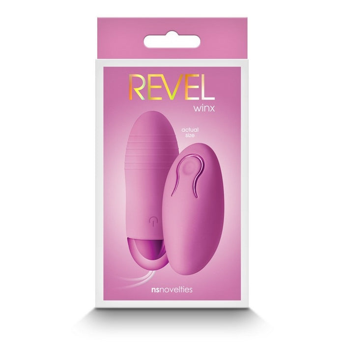 revel box with picture of pink silicone rechargeable vibrating bullet and pink battery operated remote