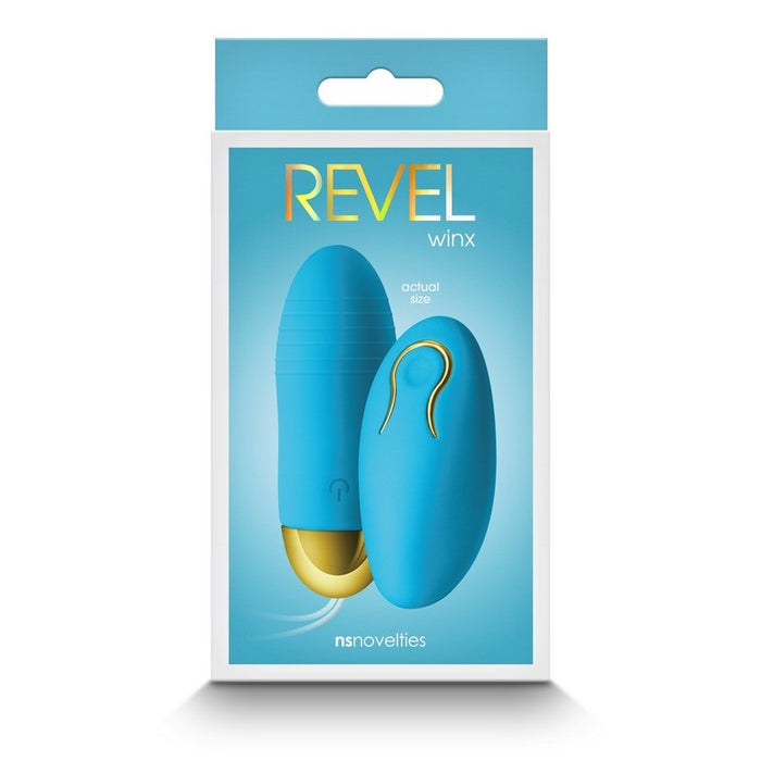 revel box with picture of blue and gold silicone rechargeable vibrating bullet with battery operated remote