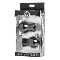 black nipple suckers with silver vibrating bullet in clear packaging with 'Master Series' branding on a white background.