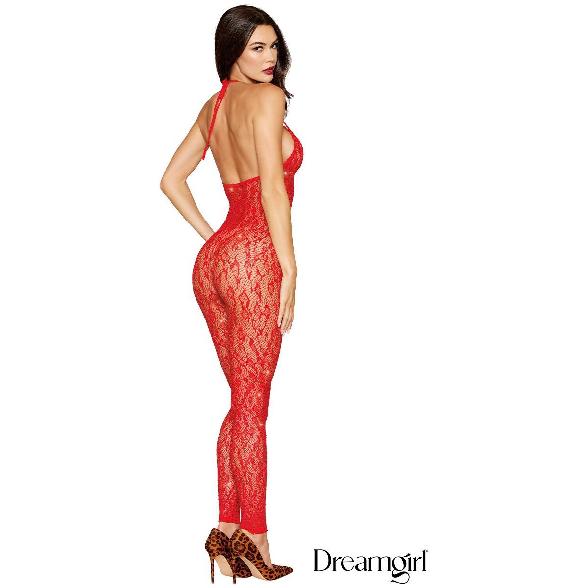 brunette female wearing re lace rhinestone bodystocking with halter style neck, open back, back view