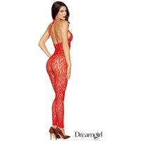 brunette female wearing re lace rhinestone bodystocking with halter style neck, open back, back view