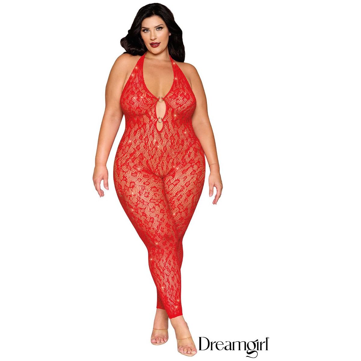 brunette female wearing red lace rhinestone body stocking with halter style neck, open center middle with ring clasps plus size front view