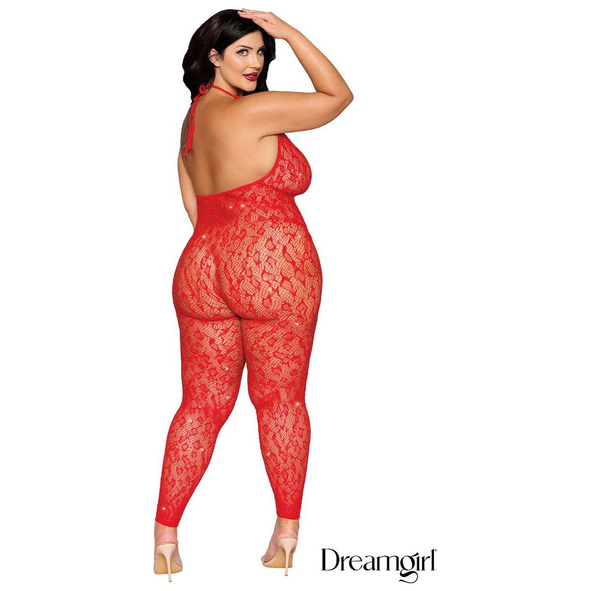 brunette female wearing re lace rhinestone bodystocking with halter style neck, open back, plus size back view