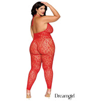 brunette female wearing re lace rhinestone bodystocking with halter style neck, open back, plus size back view