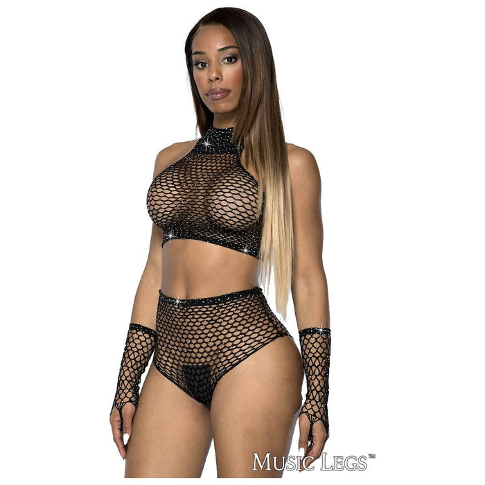 rhinestone rishnet halter style top with booty shorts and gloves in black