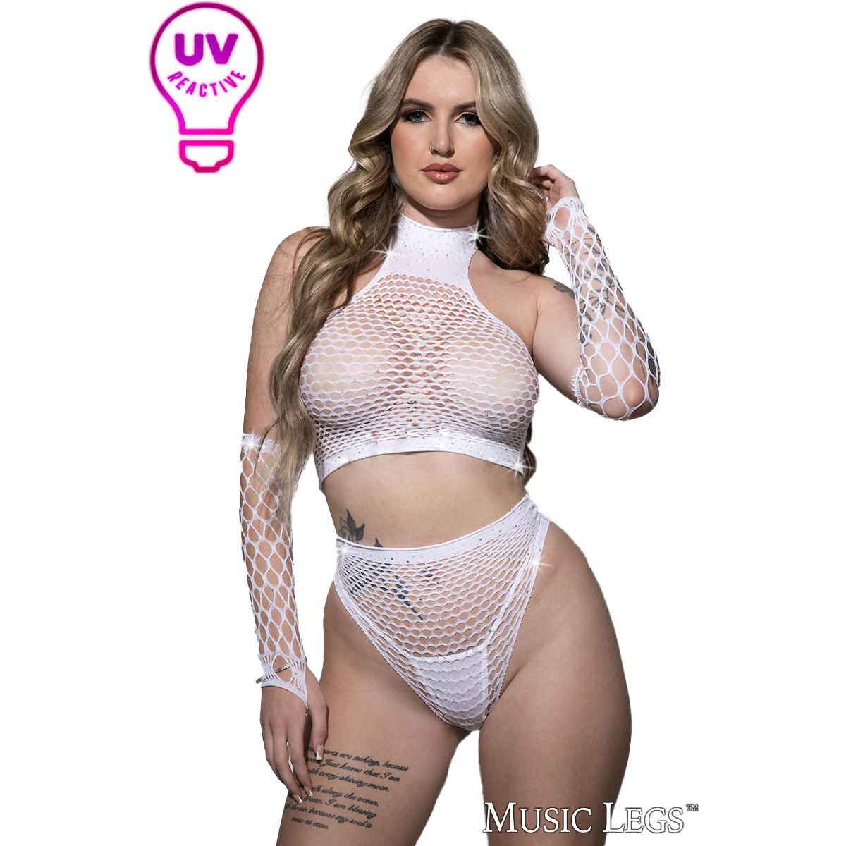 rhinestone rishnet halter style top with booty shorts and gloves in  white
