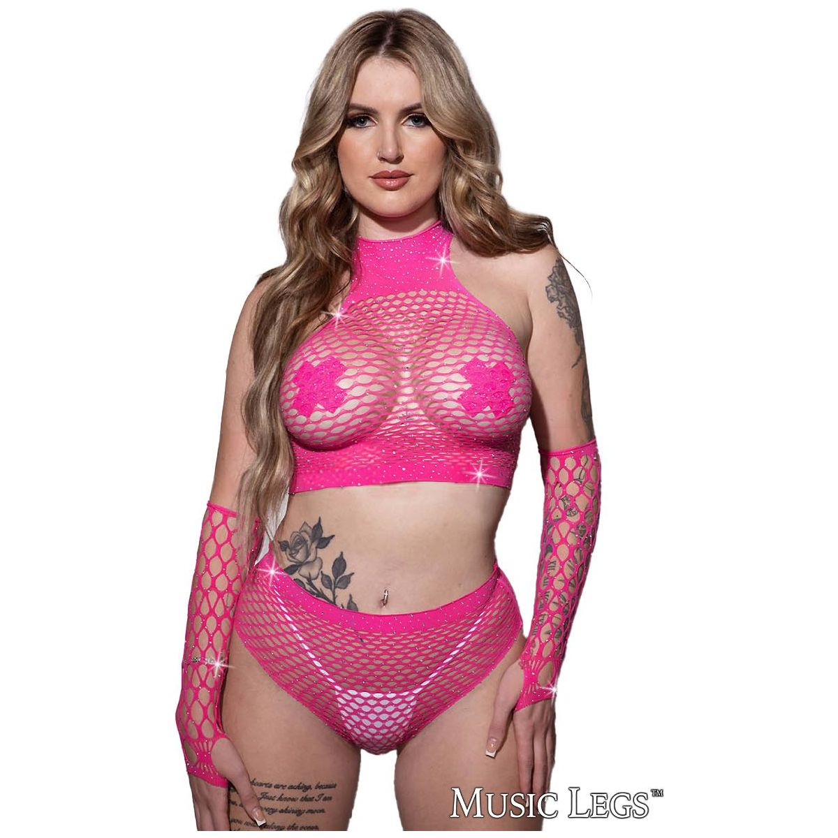 rhinestone rishnet halter style top with booty shorts and gloves in pink