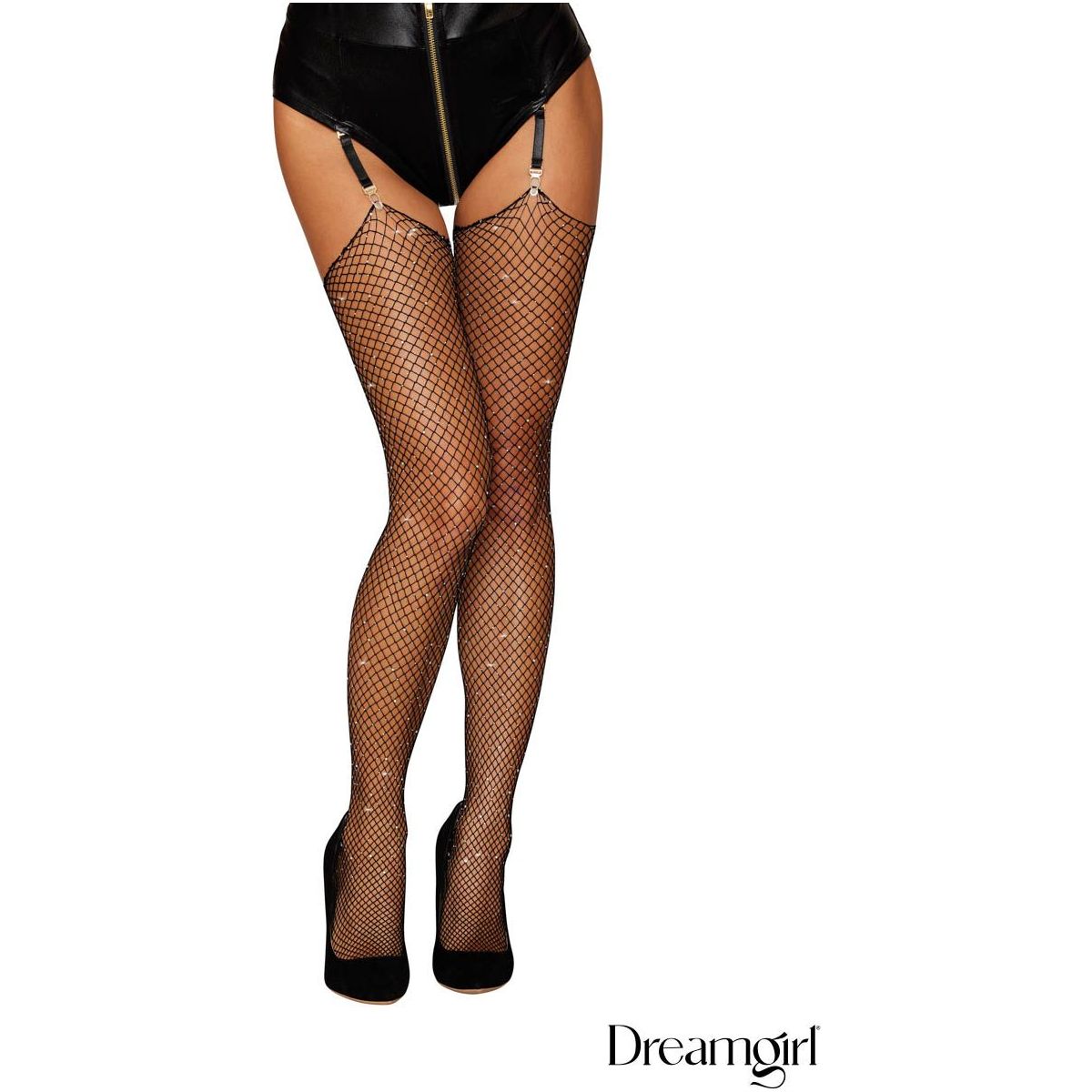 Sparkling rhinestone net thigh high stockings with a raw edge top and a smaller knit toe design, front view
