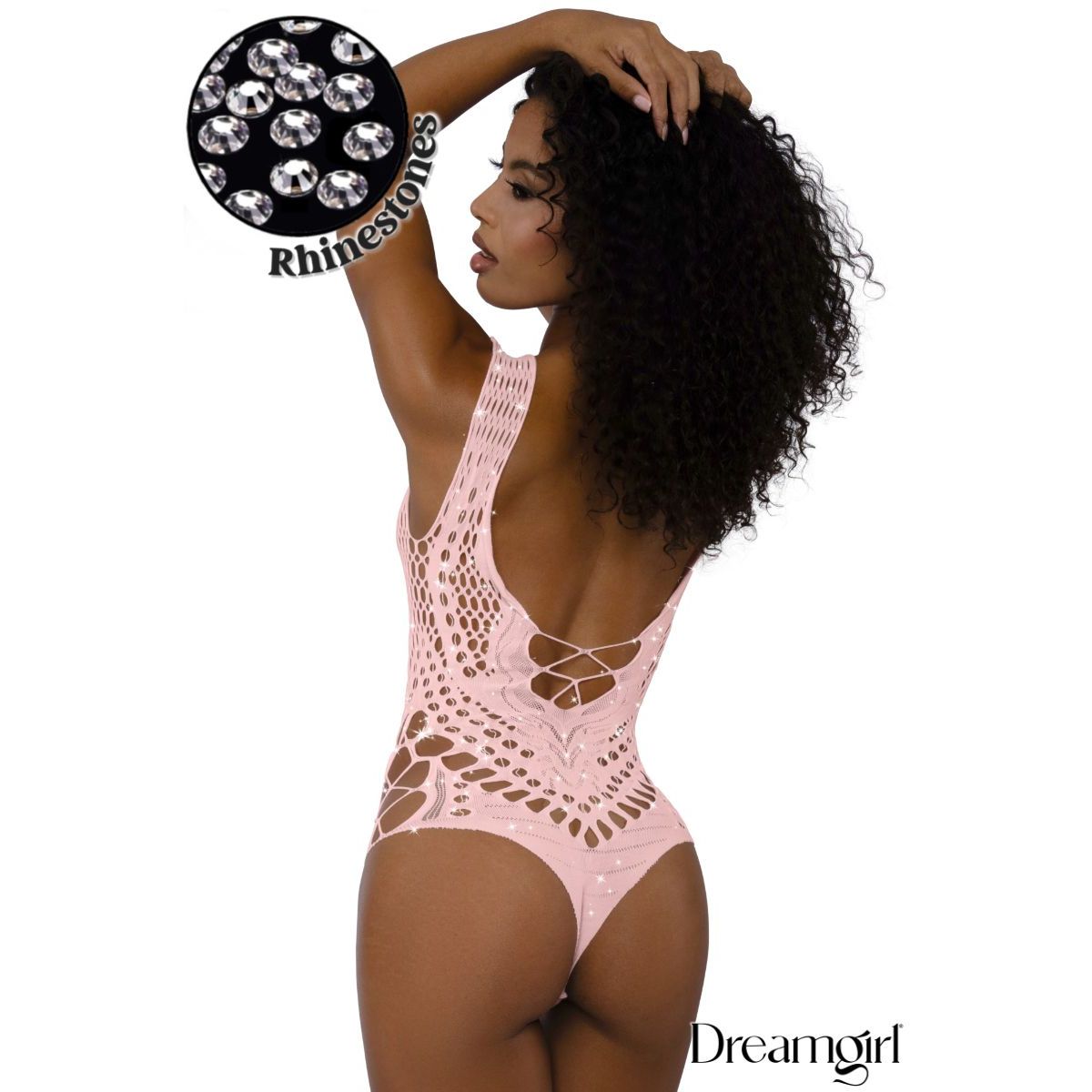 female wearing rhinestone net teddy. back view in pink