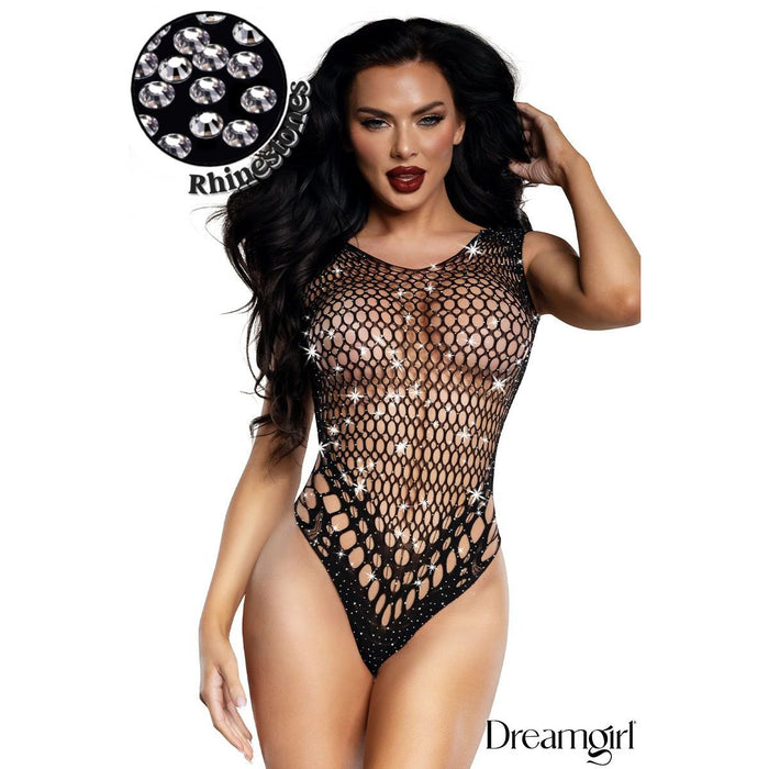female wearing rhinestone net teddy. front view in black