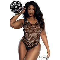 female wearing rhinestone net teddy. front view in black plus