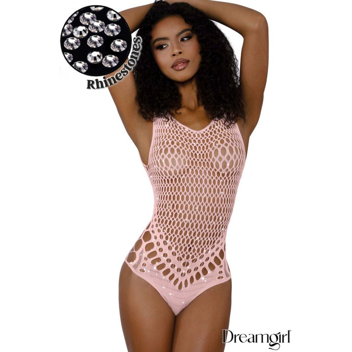 female wearing rhinestone net teddy. front view in pink