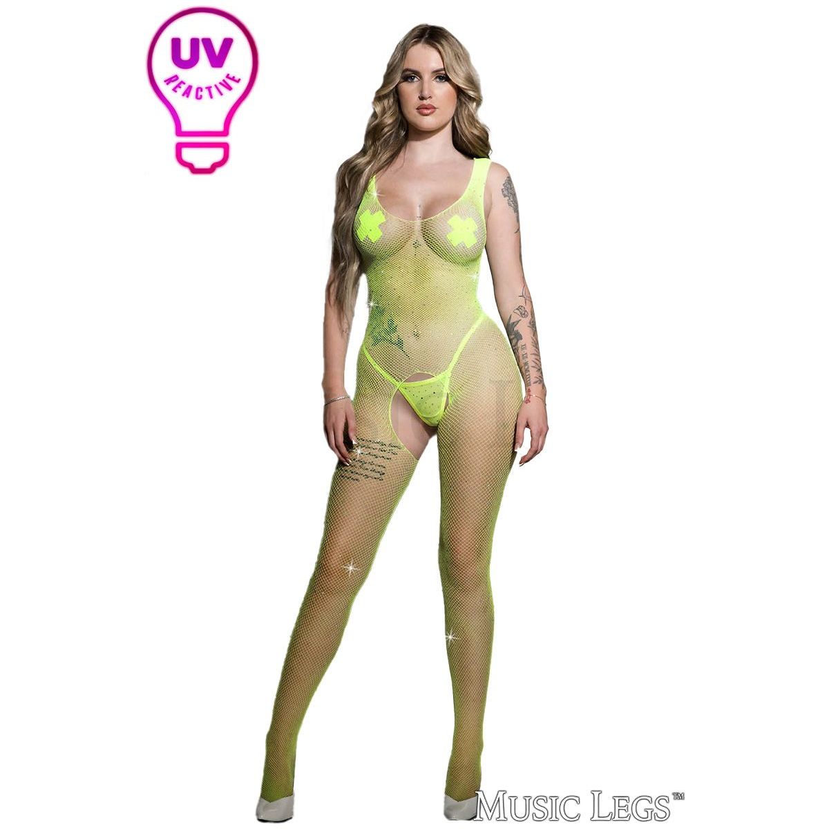 Fishnet bodystocking with thick fixed straps, sparkling rhinestones all-over and an open crotch. in neon green front view
