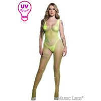 Fishnet bodystocking with thick fixed straps, sparkling rhinestones all-over and an open crotch. in neon green front view