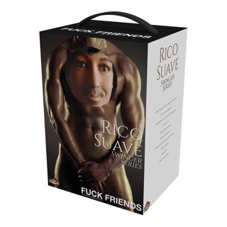 Product packaging for 'Rico Suave' male inflatable sex doll with a person's face on a white background