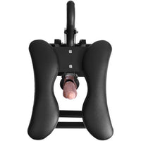 top view of black ride and slide machine with padded open seating with beige dildo in the middle