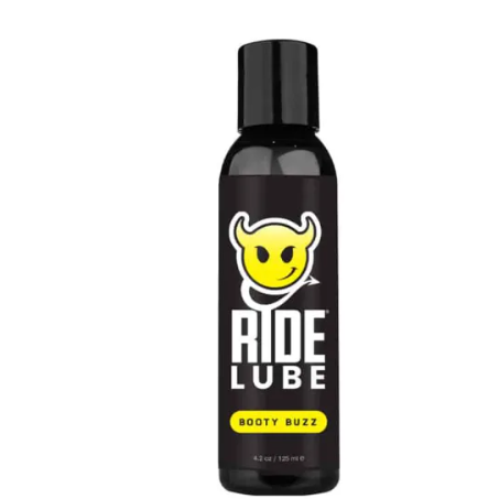 Black bottle of Ride Lube Booty Buzz on a white background