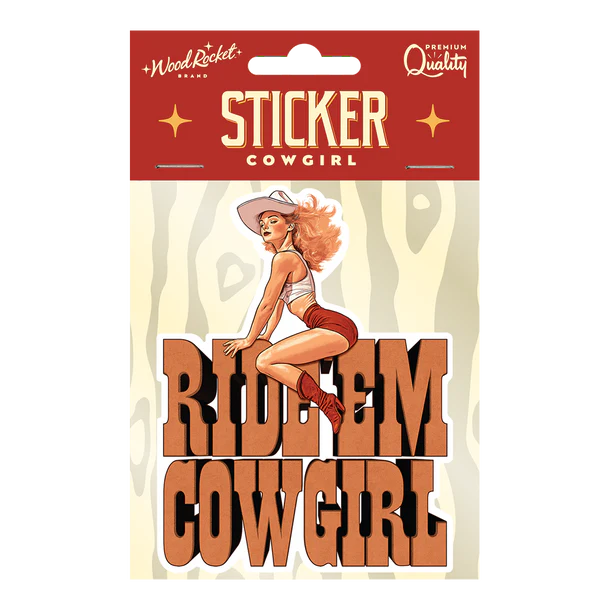 ride em cowgirl sticker in package