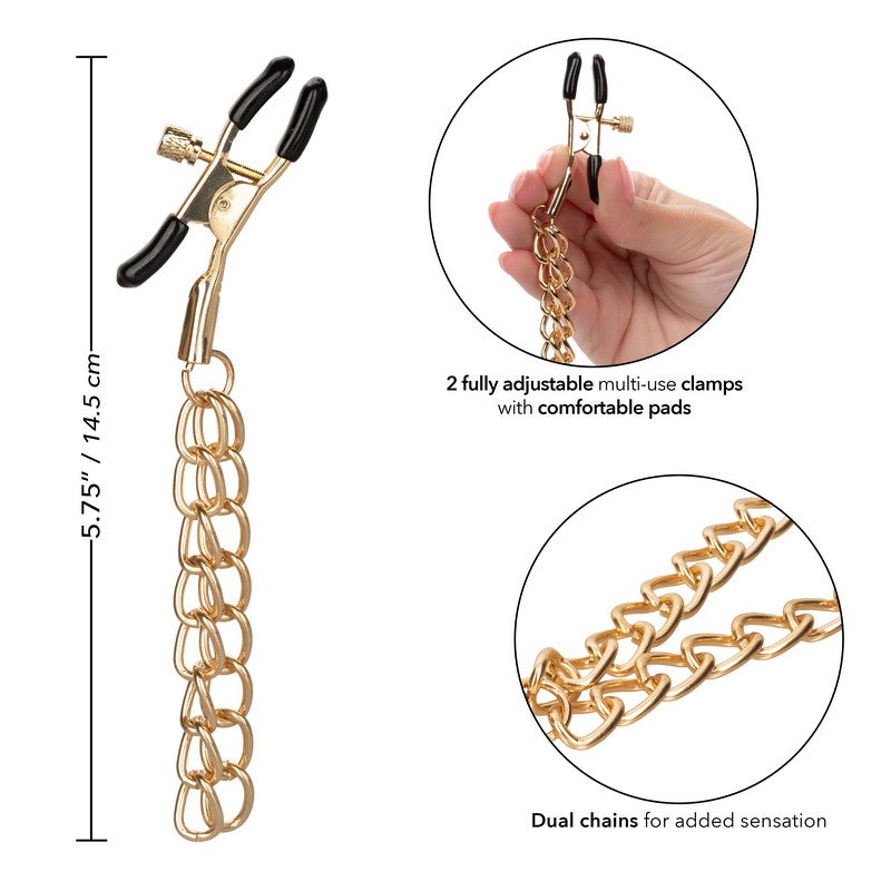 gold adjustable nipple clamp and chain with measurements and information