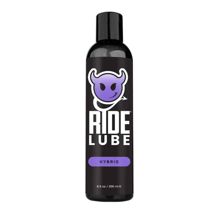 Ride Lube hybrid bottle with black and purple design on a white background