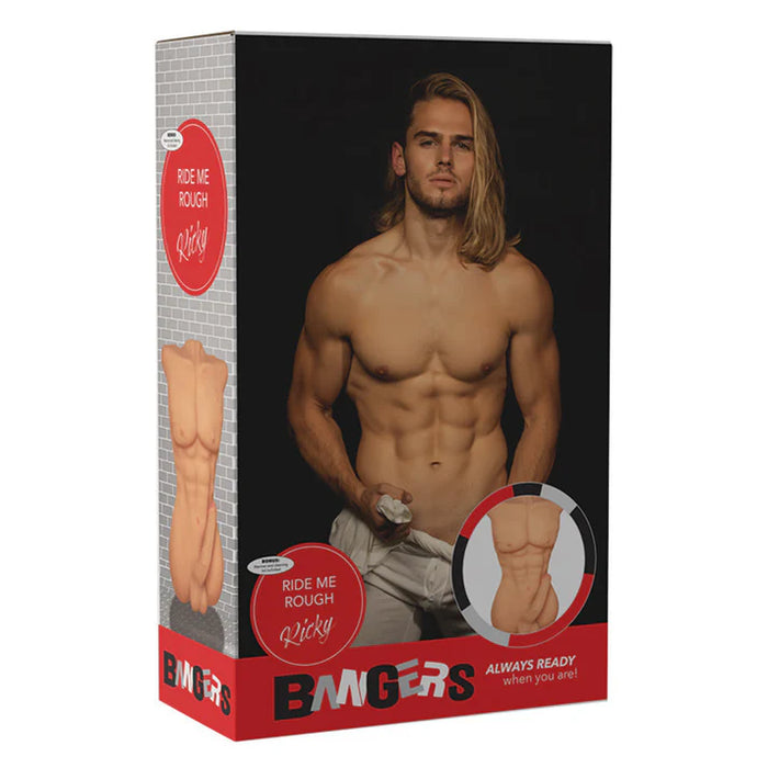 Product packaging for ride me rough ricky cock and ball masturbator with a man holding a product, featuring the brand 'Bangers'.