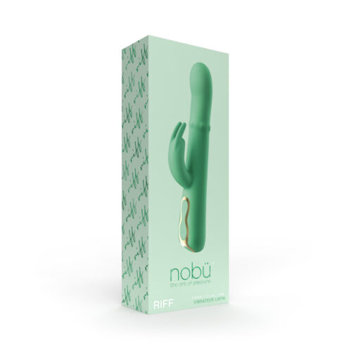 The retail packaging box for the nobü RIFF Vibrating Wand, featuring a mint green cactus-shaped design with a small gold accent ring, set against a plain white background.