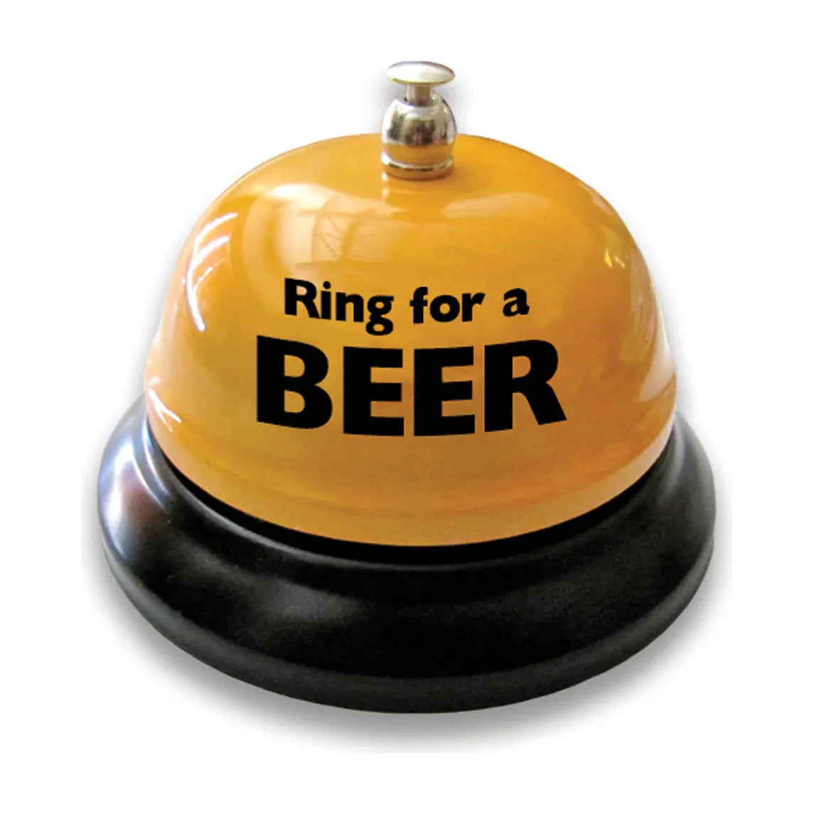 A novelty bell with a yellow top labeled 'Ring for a BEER' on a black base with a silver metal ring.