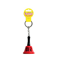 keychain bell in red and black with ring for sex written on bell