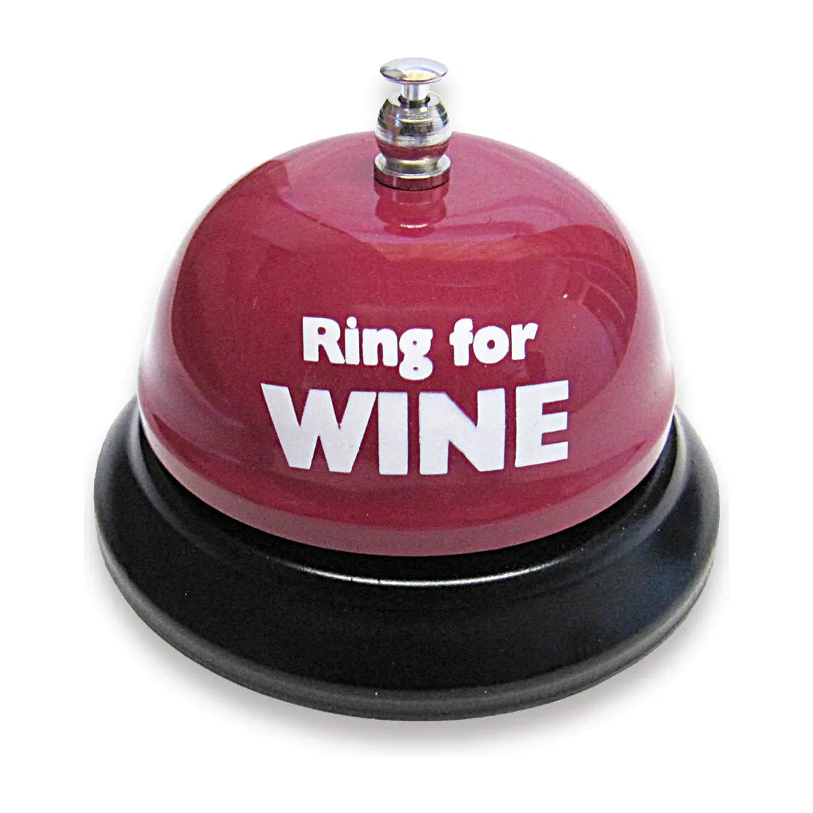 A red and black novelty bell with the text 'Ring for WINE' on it.