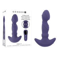 purple vibrating anal plug with bulb head and u shaped bottom standing beside display box