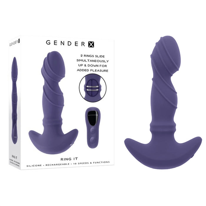 purple vibrating anal plug with bulb head and u shaped bottom standing beside display box