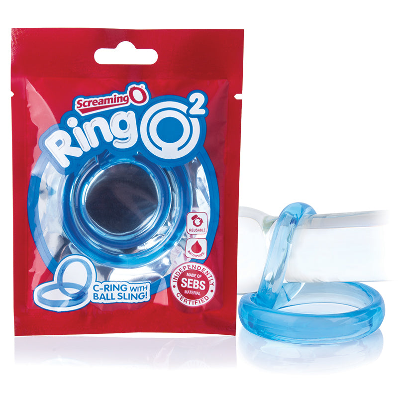 blue jelly cock ring with ball sling next to screaming o package