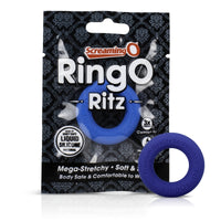 blue silicone cock ring next to screaming o package