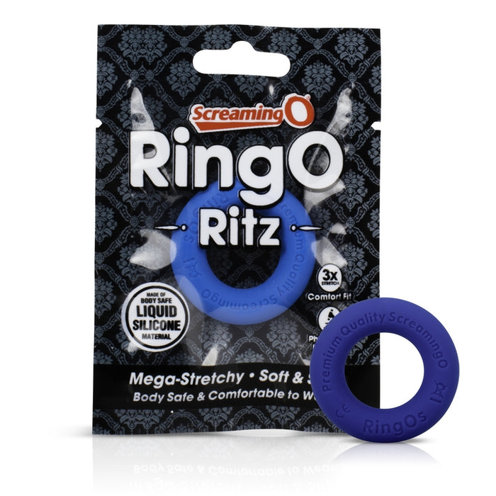 blue silicone cock ring next to screaming o package