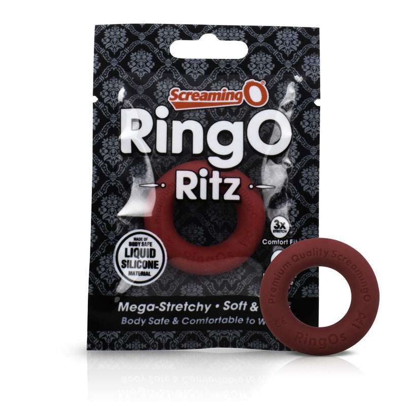 red silicone cock ring next to screaming o package