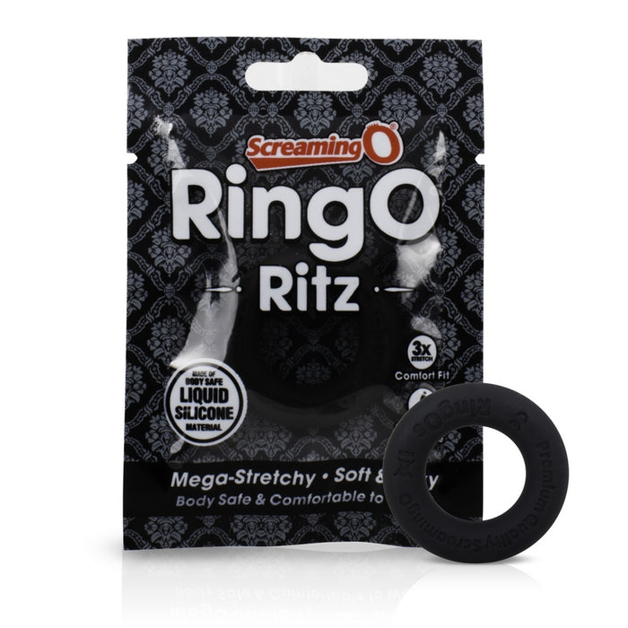 black silicone cock ring next to screaming o package