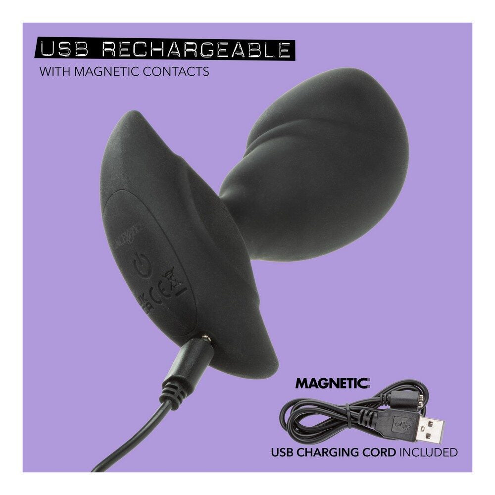 Black USB rechargeable anal probe with magnetic contacts on a purple background