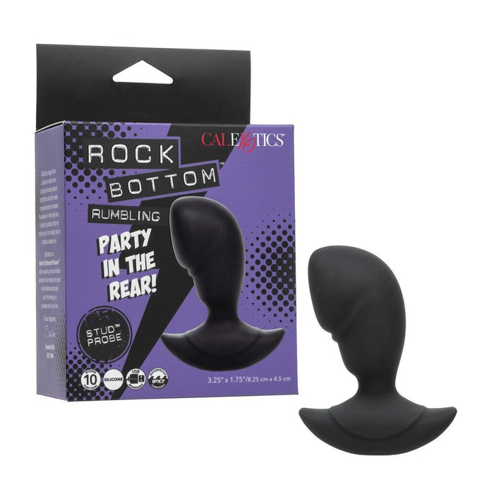 Black silicone butt plug with packaging labeled 'Rock Bottom' on a white background
