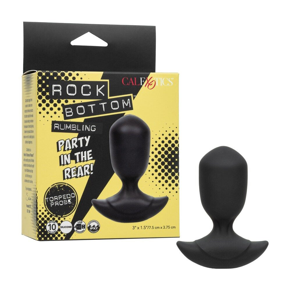 Black butt plug with packaging labeled 'Rock Bottom' on a white background